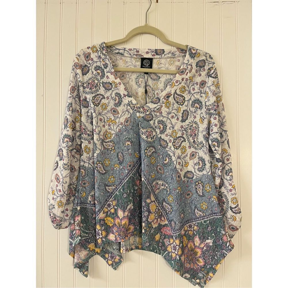 Bobeau knit top blue paisley petite medium NWT